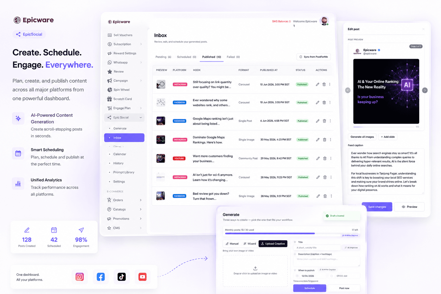 EpicSocial calendar with scheduled social posts for each outlet