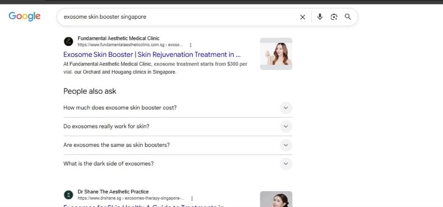 Fundamental Aesthetic Medical Clinic ranked #1 for "exosome skin booster singapore", captured live