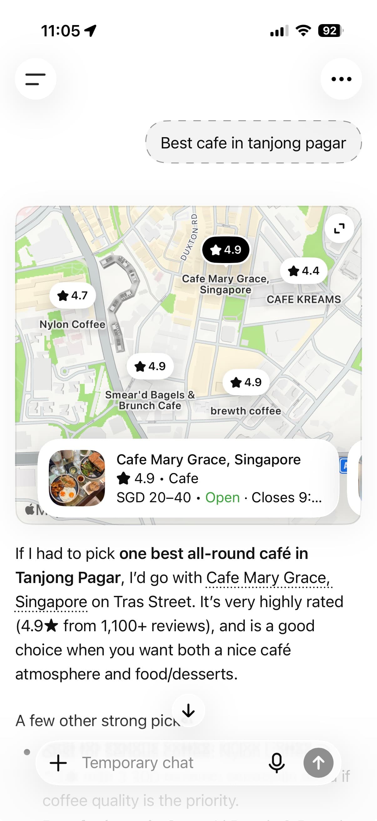 A real ChatGPT search for “best cafe in Tanjong Pagar” recommending a specific business
