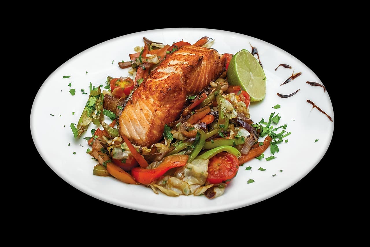 Plated grilled salmon dish