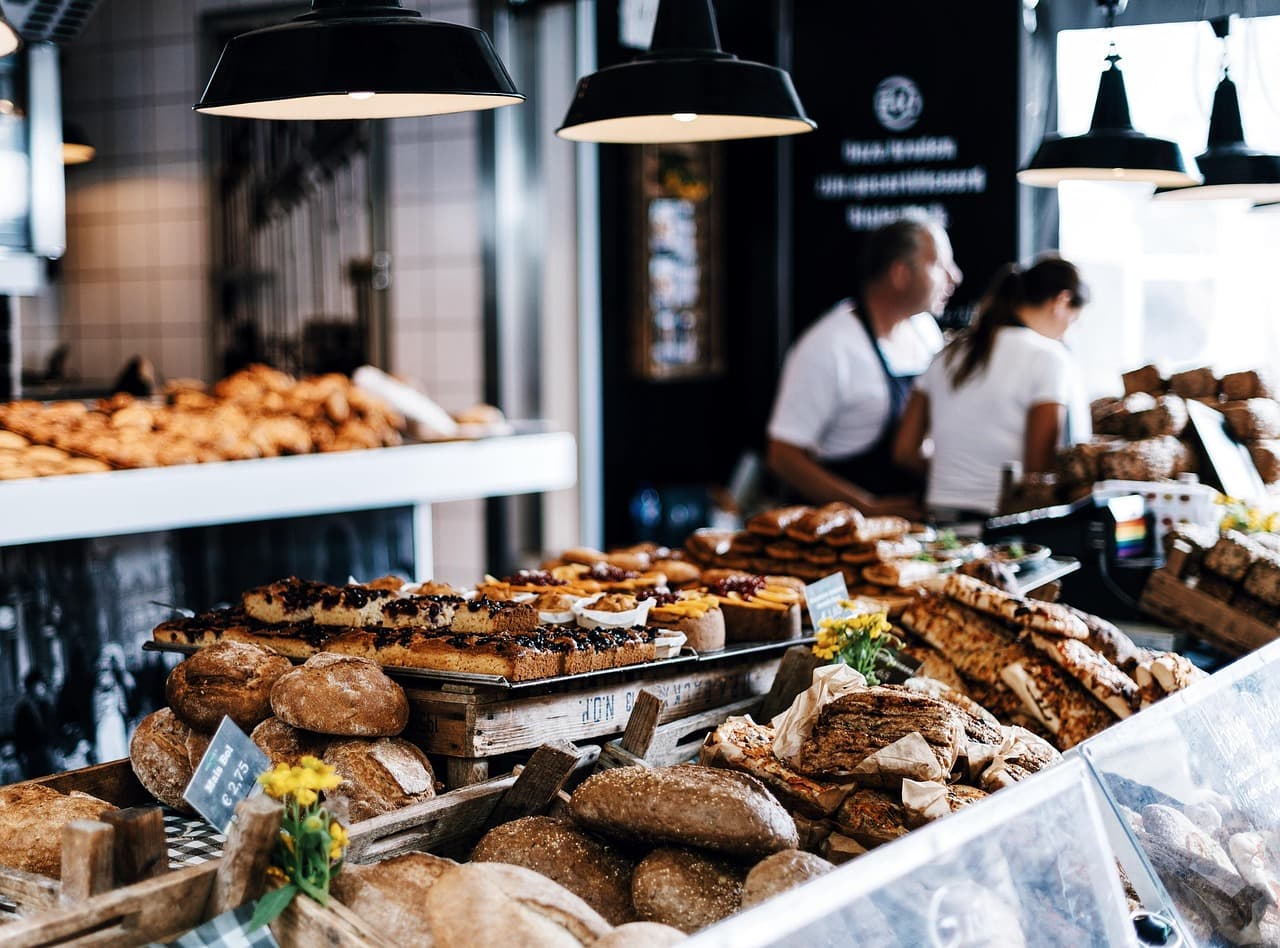 Bakery counter with a variety of fresh bread on display