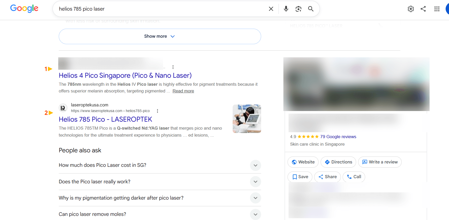 Google search results and Business Profile panel for the 'helios 785 pico laser' device keyword, with the clinic's profile details blurred