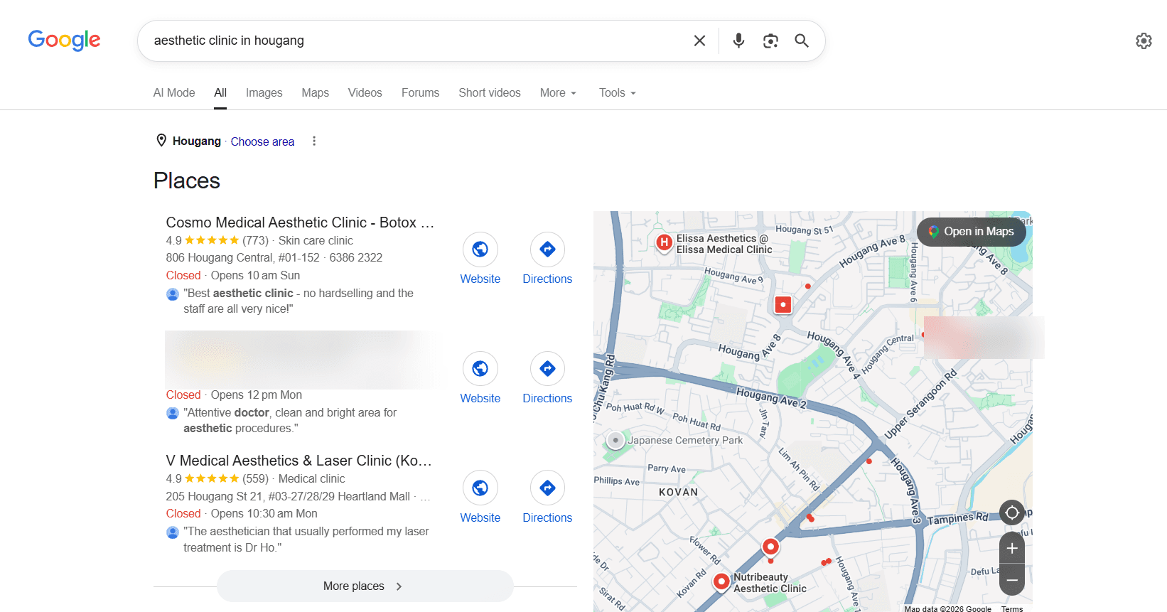 Google local map pack for 'aesthetic clinic in hougang' showing the clinic in the number 2 position, listing blurred