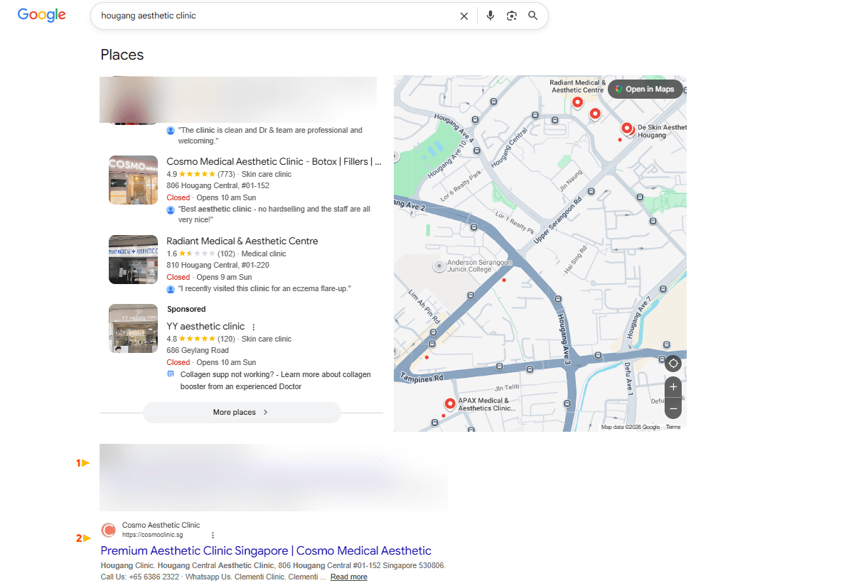 Google local map pack and organic search results for 'hougang aesthetic clinic', with the clinic's listing blurred, showing a number 1 organic ranking badge