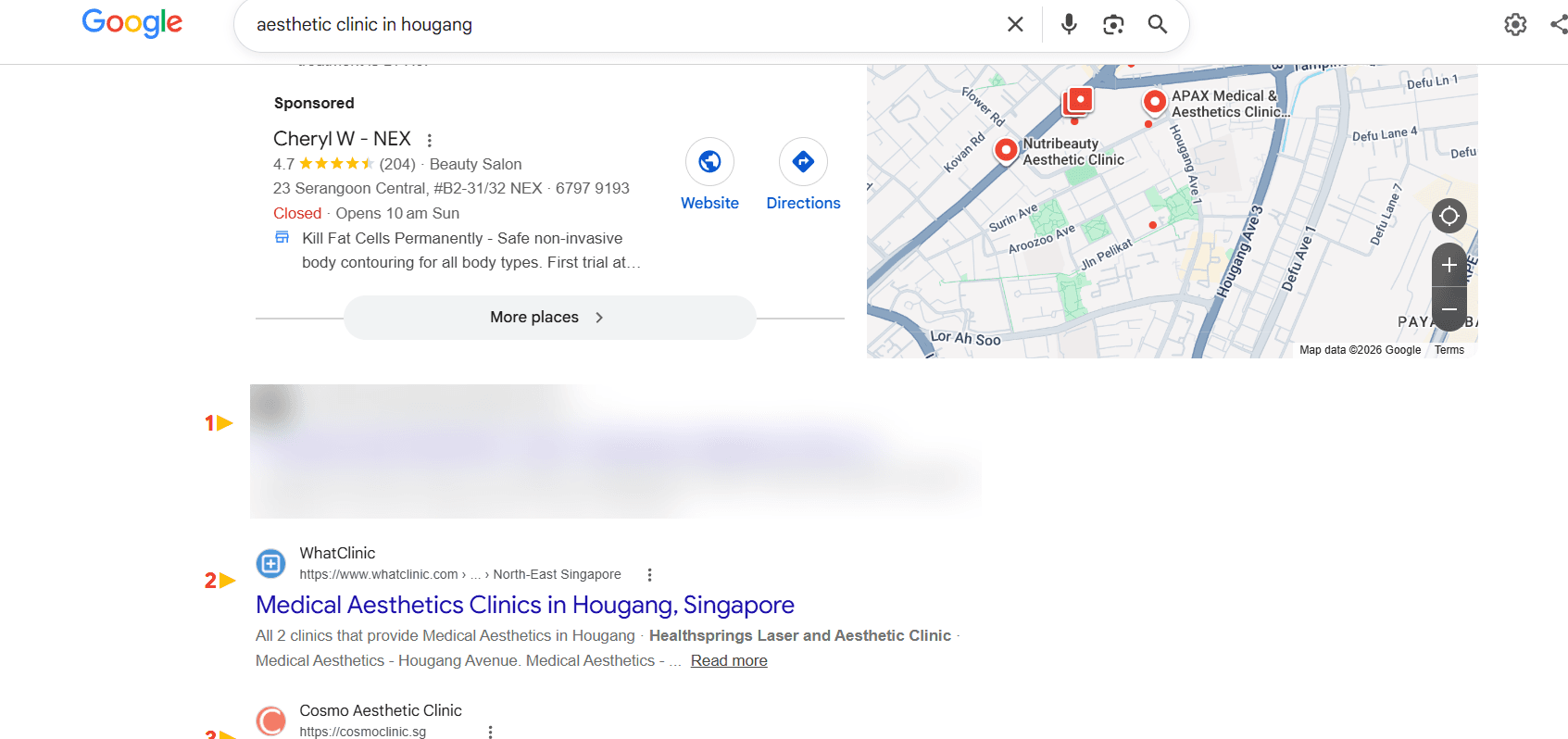 Google organic search results for 'aesthetic clinic in hougang' with the top-ranking clinic listing blurred