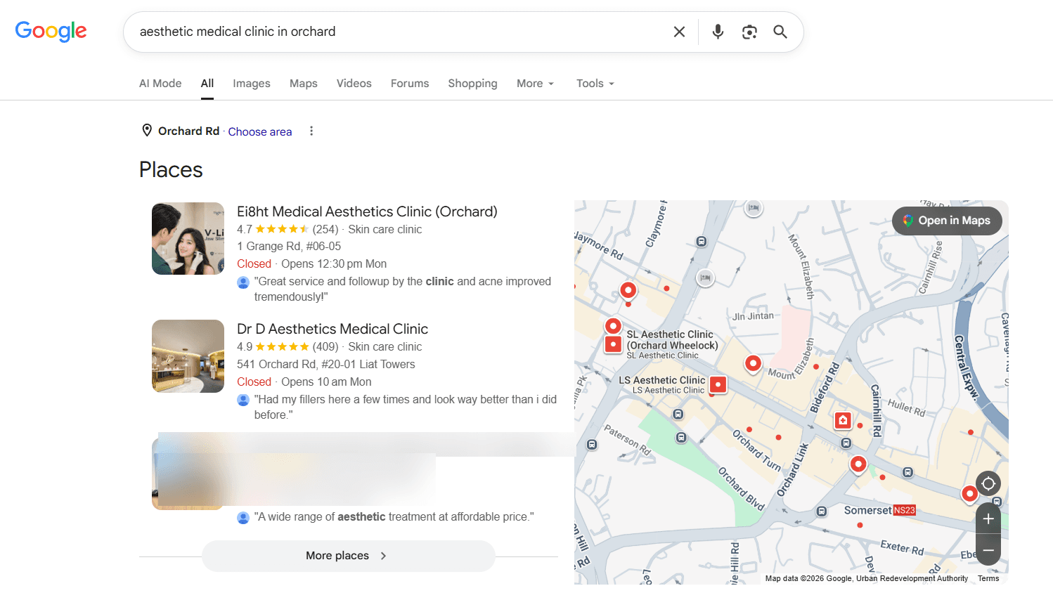 Google local map pack for 'aesthetic medical clinic in Orchard' showing the clinic in the number 3 position, listing blurred