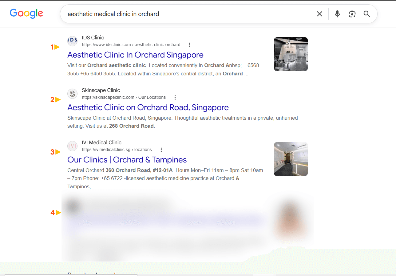 Google organic search results for 'aesthetic medical clinic in orchard' with the clinic's number 4 listing blurred