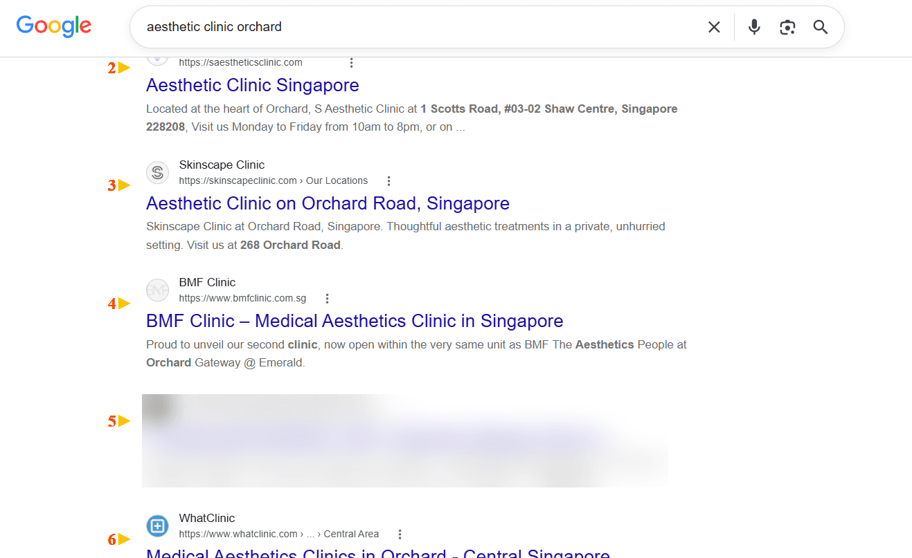 Google organic search results for 'aesthetic clinic orchard' with the clinic's number 5 listing blurred