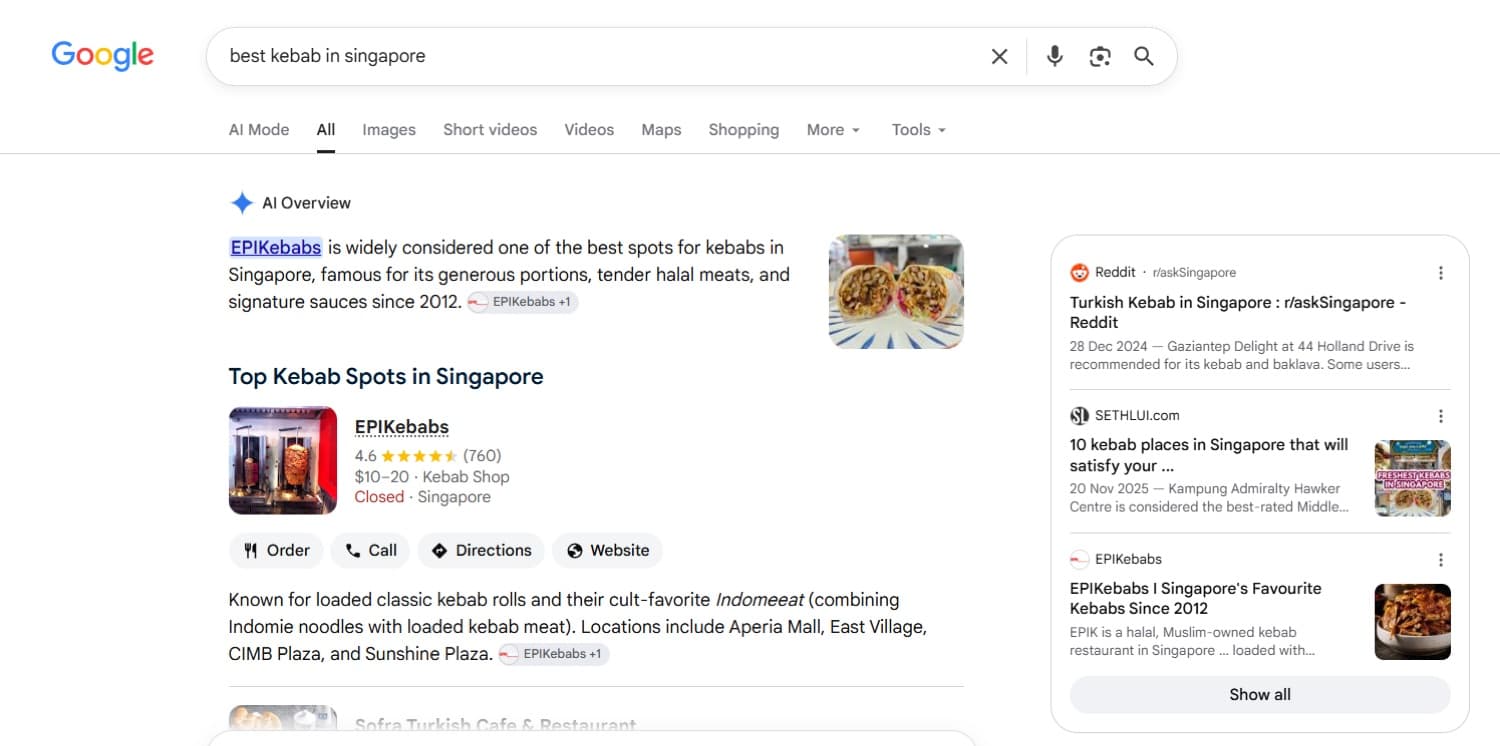 Google AI Overview for 'best kebab in singapore' citing EPIKebabs