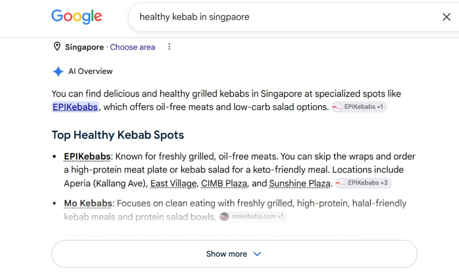 Google AI Overview for 'healthy kebab in singapore' citing EPIKebabs first