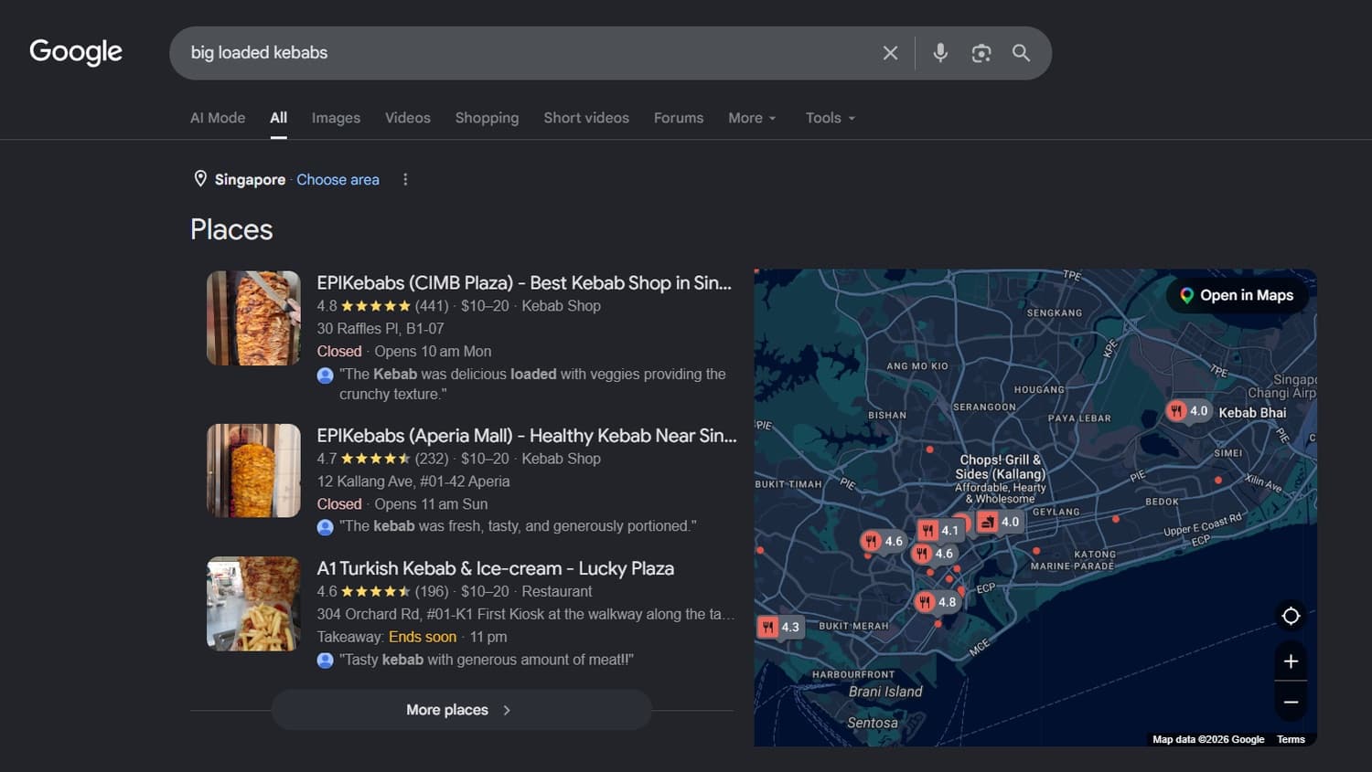 Google Maps Map Pack for 'big loaded kebabs' showing EPIKebabs at #1 and #2