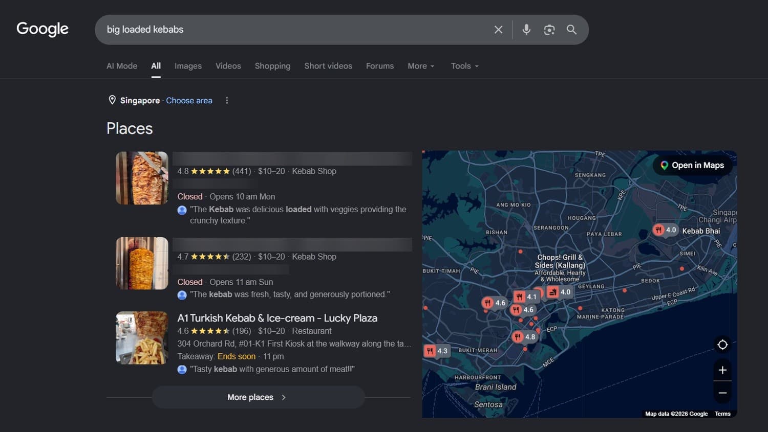 Google Maps Map Pack showing this client's outlets holding #1 and #2 for their signature category term