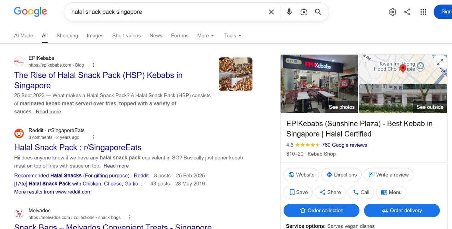 Google search result showing EPIKebabs ranked #1 for "halal snack pack singapore"