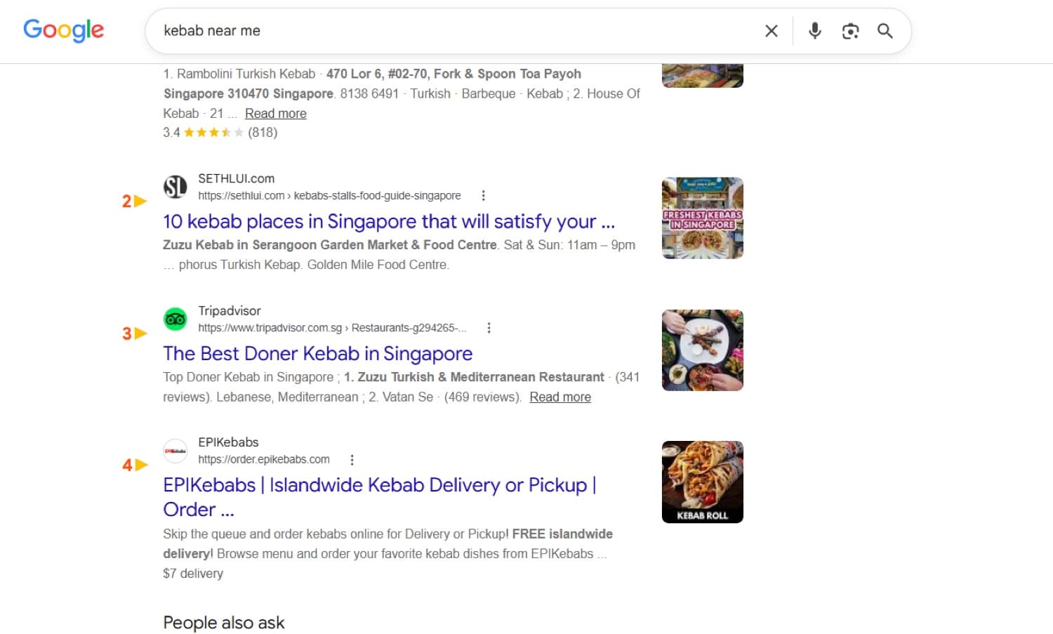 Google search result showing EPIKebabs ranked #4 for "kebab near me"