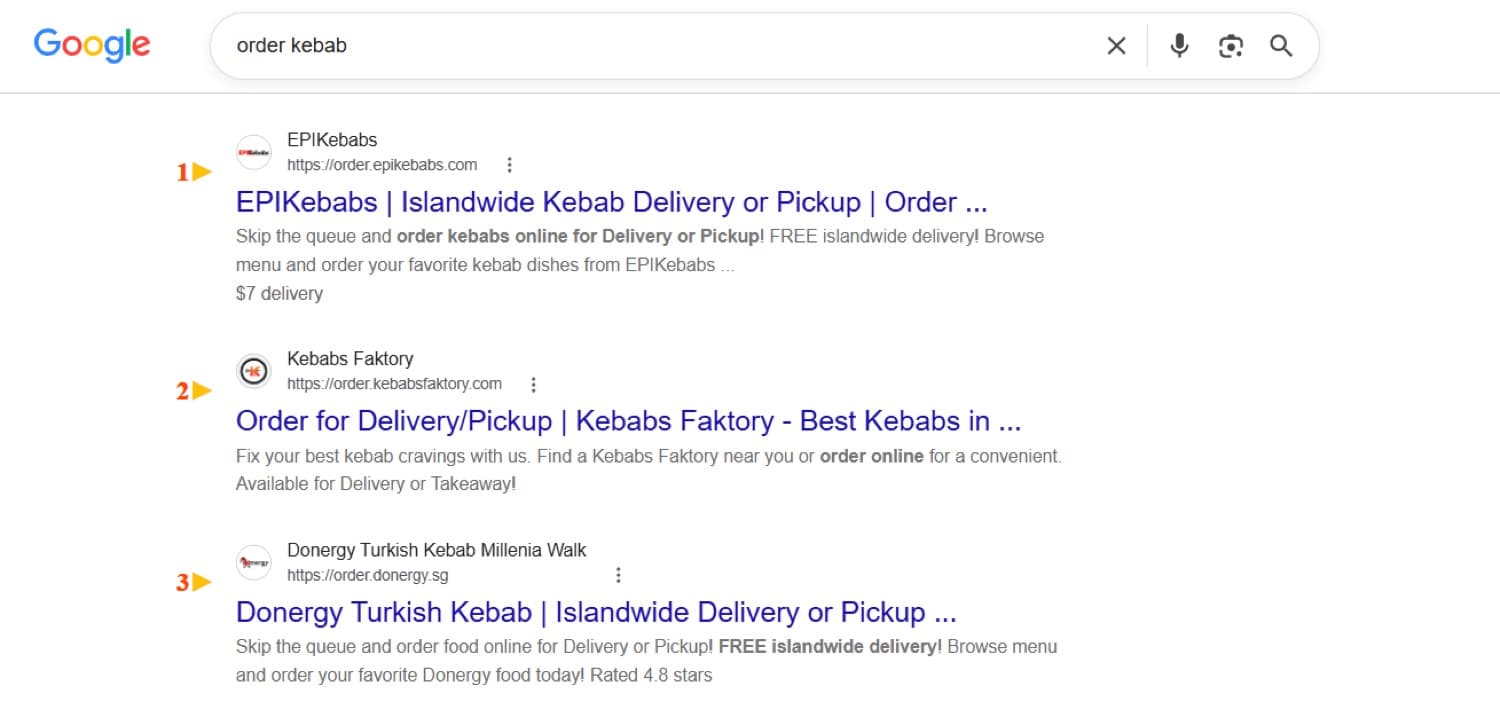 Google search result showing EPIKebabs ranked #1 for "order kebab"