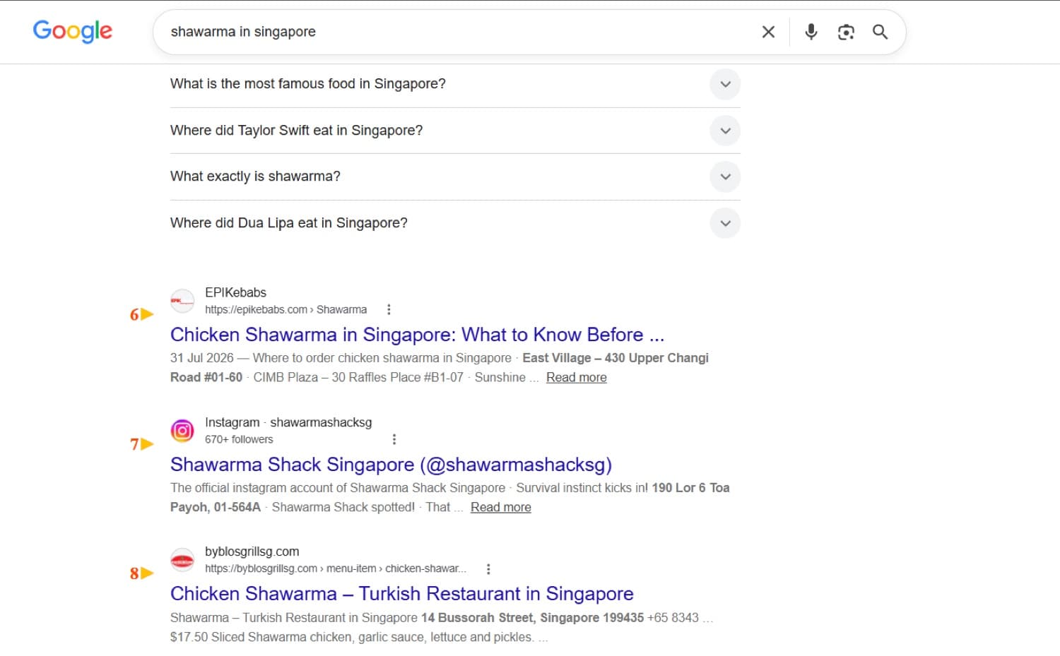 Google search result showing EPIKebabs ranked #6 for "shawarma in singapore"