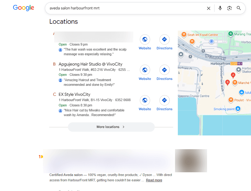 Google local map pack and search results for 'aveda salon harbourfront mrt' showing the client's VivoCity outlet ranking #1, business name blurred