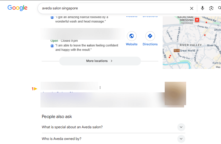 Google search results for 'aveda salon singapore' showing the client's listing ranking #1 organically, business name blurred