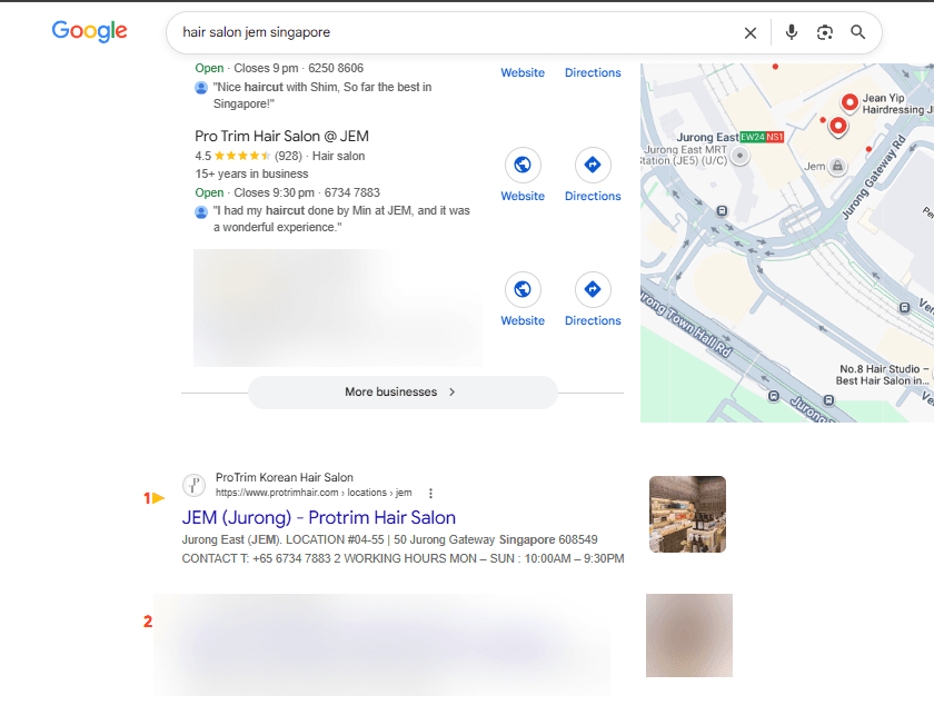 Google search results for 'hair salon jem singapore' showing the client's Jem outlet ranking in the top organic positions, business name blurred
