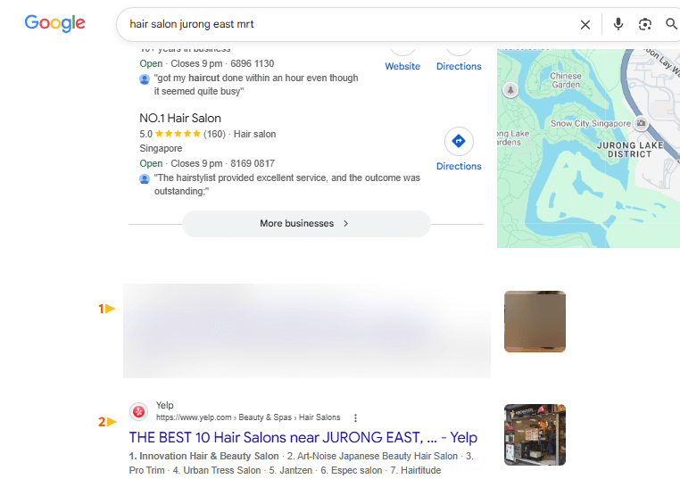 Google search results for 'hair salon jurong east mrt' showing the client's listing ranking #1 organically, business name blurred
