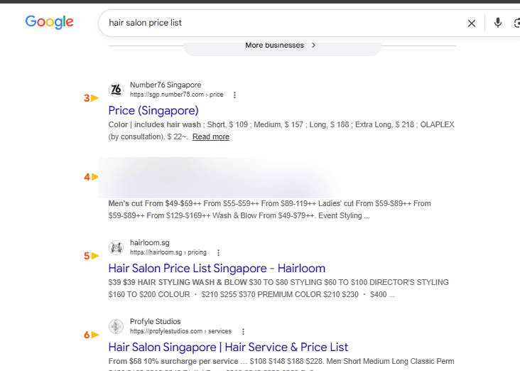 Google search results for 'hair salon price list' showing the client's listing ranking #4 organically, business name blurred