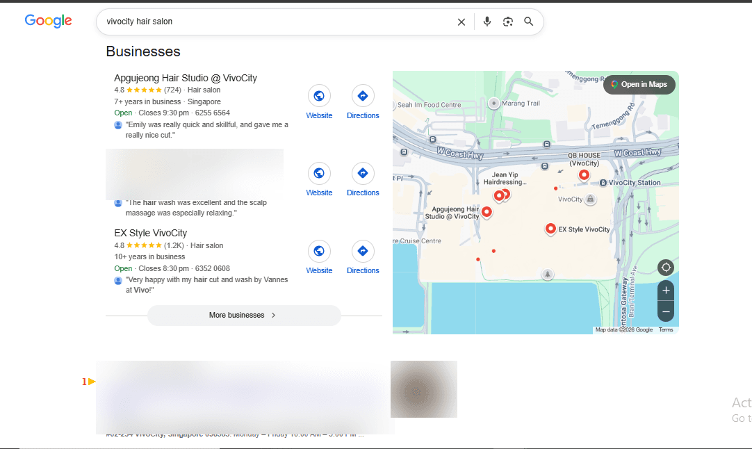 Google local map pack and search results for 'vivocity hair salon' showing the client's listing in the map pack and ranking #1 organically, business name blurred