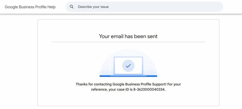 Google Business Profile Support confirmation that a review removal request was received and processed