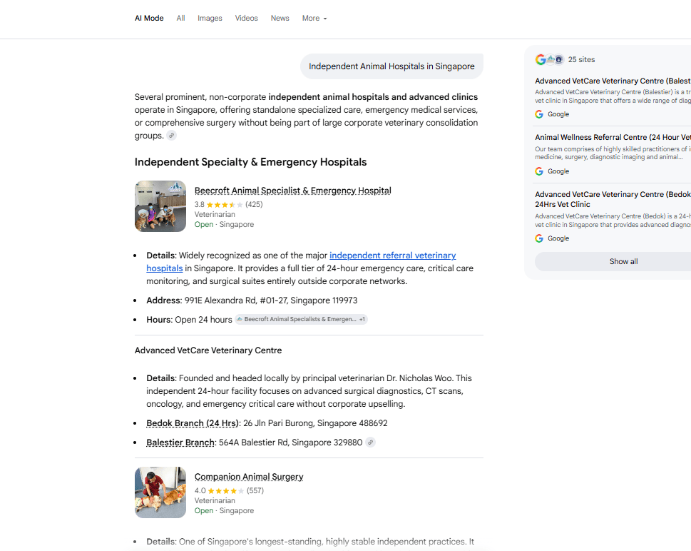 Google AI Mode result for independent animal hospitals in singapore