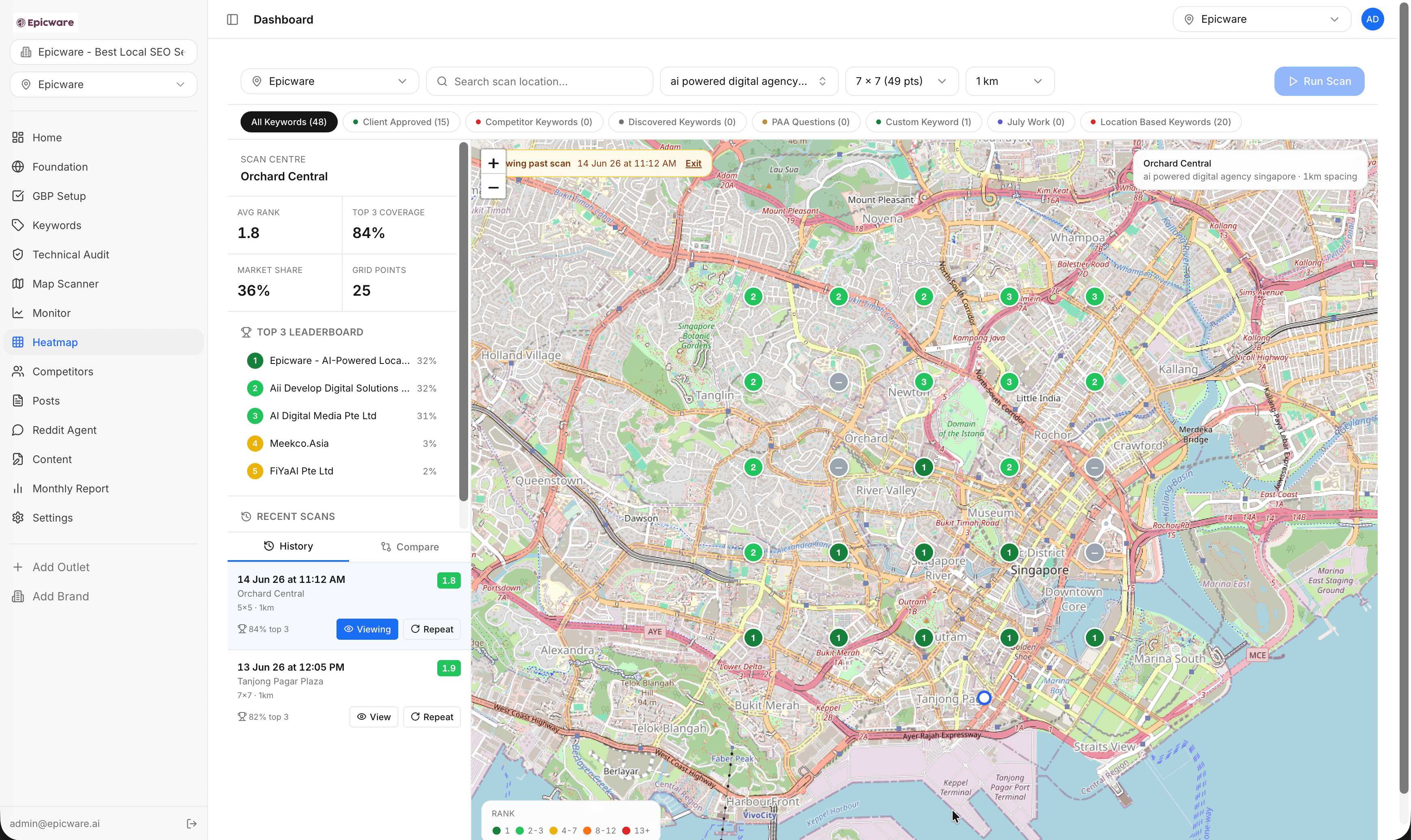 Google Maps rank heatmap showing local SEO visibility by keyword, location, and scan area across Singapore